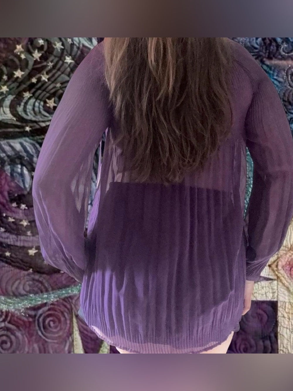 Romeo + Juliet Couture Plum Purple Pleated Sheer Button-Front Blouse
 Size: L - Picture 2 of 4